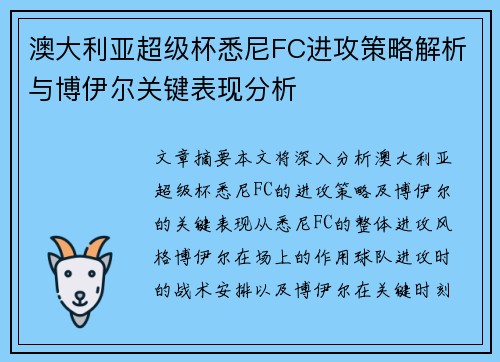 澳大利亚超级杯悉尼FC进攻策略解析与博伊尔关键表现分析 澳大利亚超级杯悉尼FC进攻策略解析与博伊尔关键表现分析